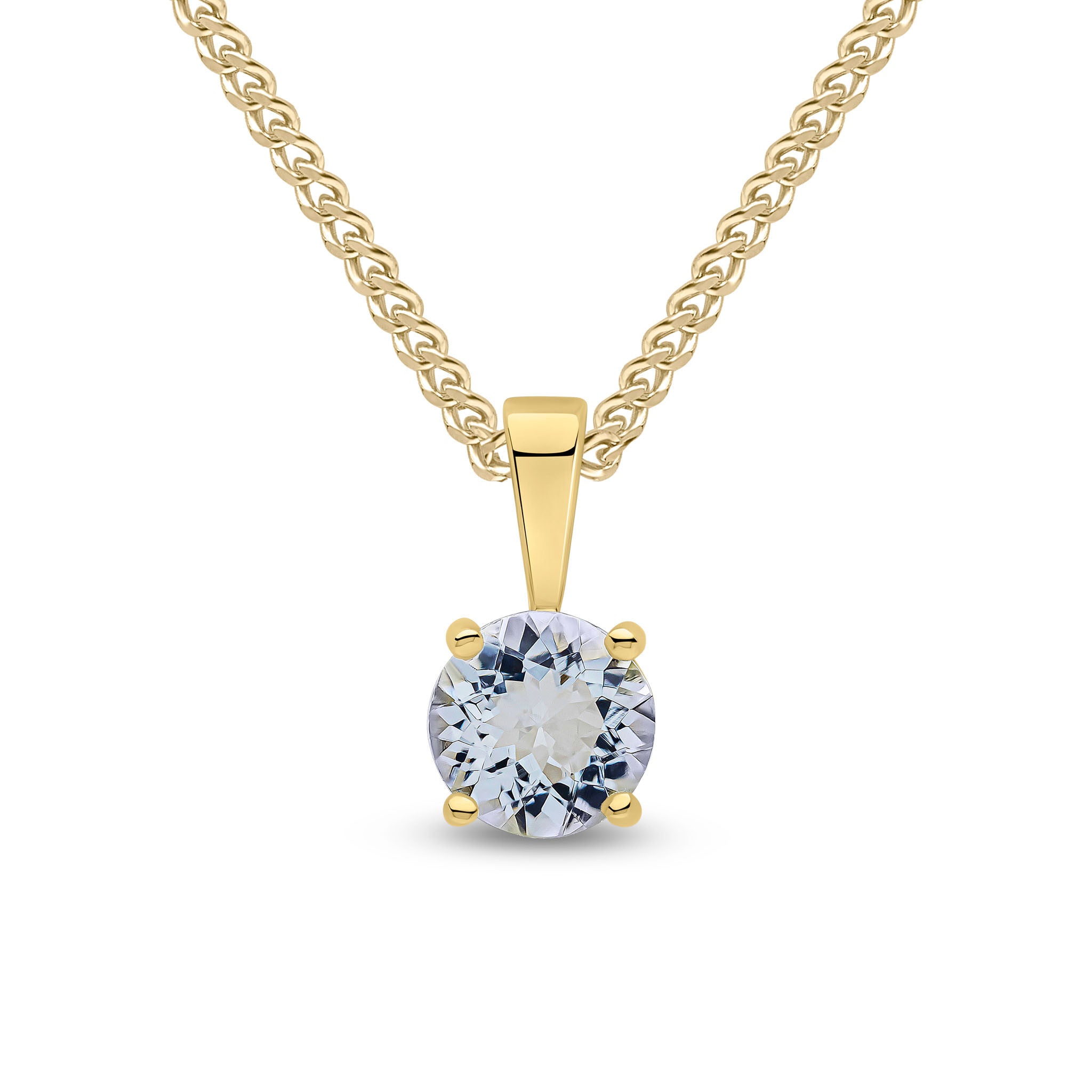 9CT YG 6MM ROUND AQUA 4 CLAW PENDANT