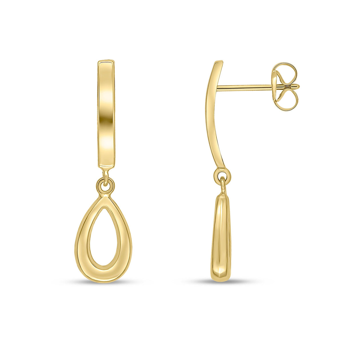 9CT YELLOW GOLD POLISHED CURVED BAR AND OPEN PEARSHAPE DROP EARRINGS