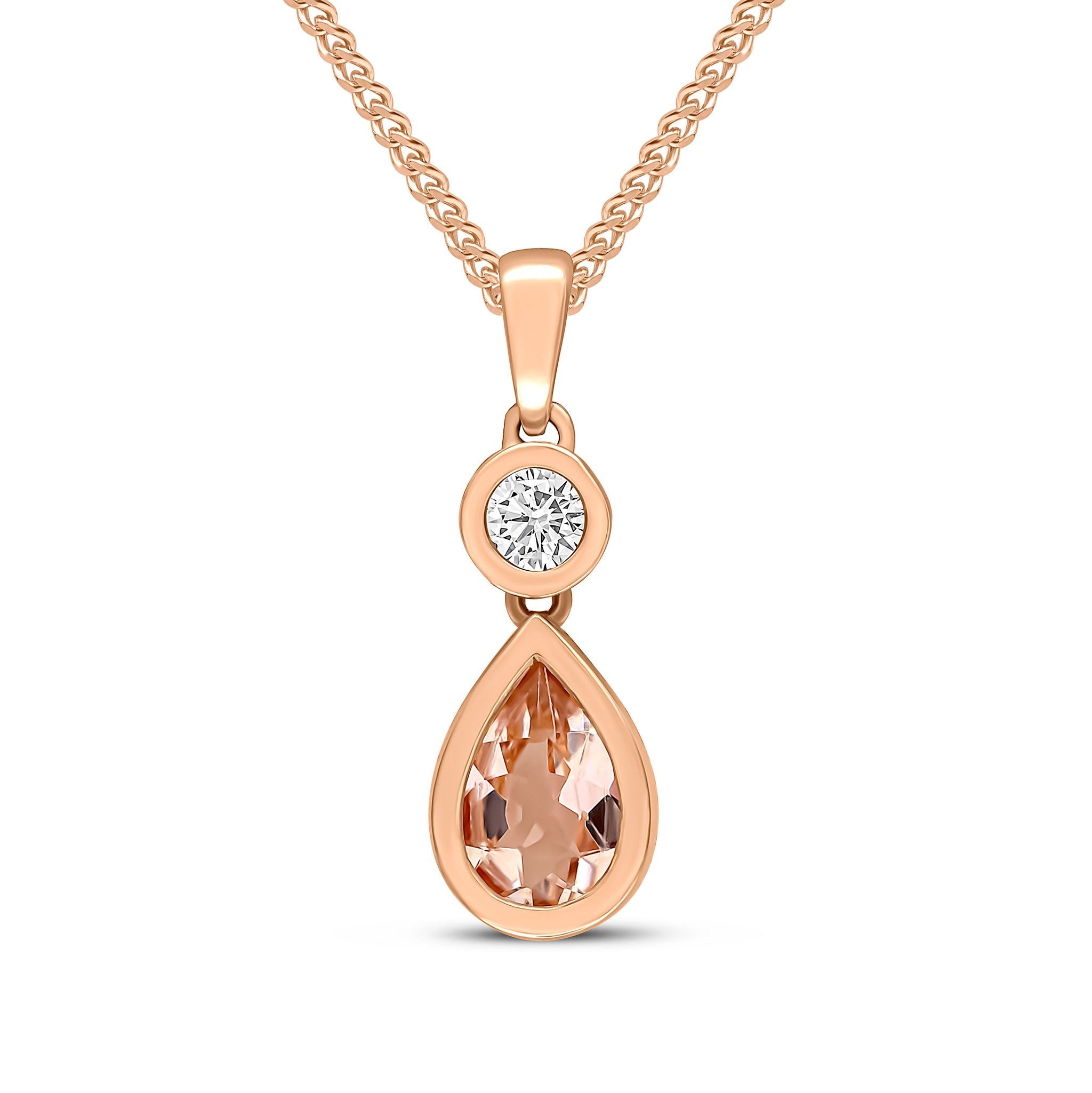 18CT RG PEARSHAPE MORGANITE AND ROUND DIAMOND 2ST RUBOVER PENDANT