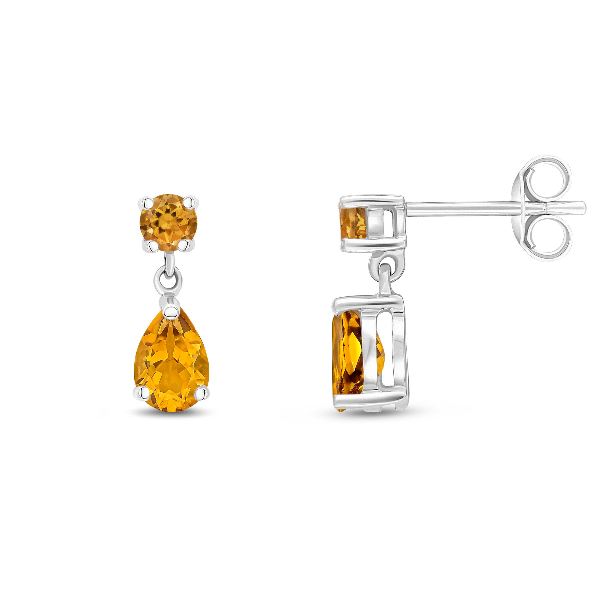 9CT WG ROUND AND PEARSHAPE CITRINE 2ST CLAW SET DROP EARRINGS