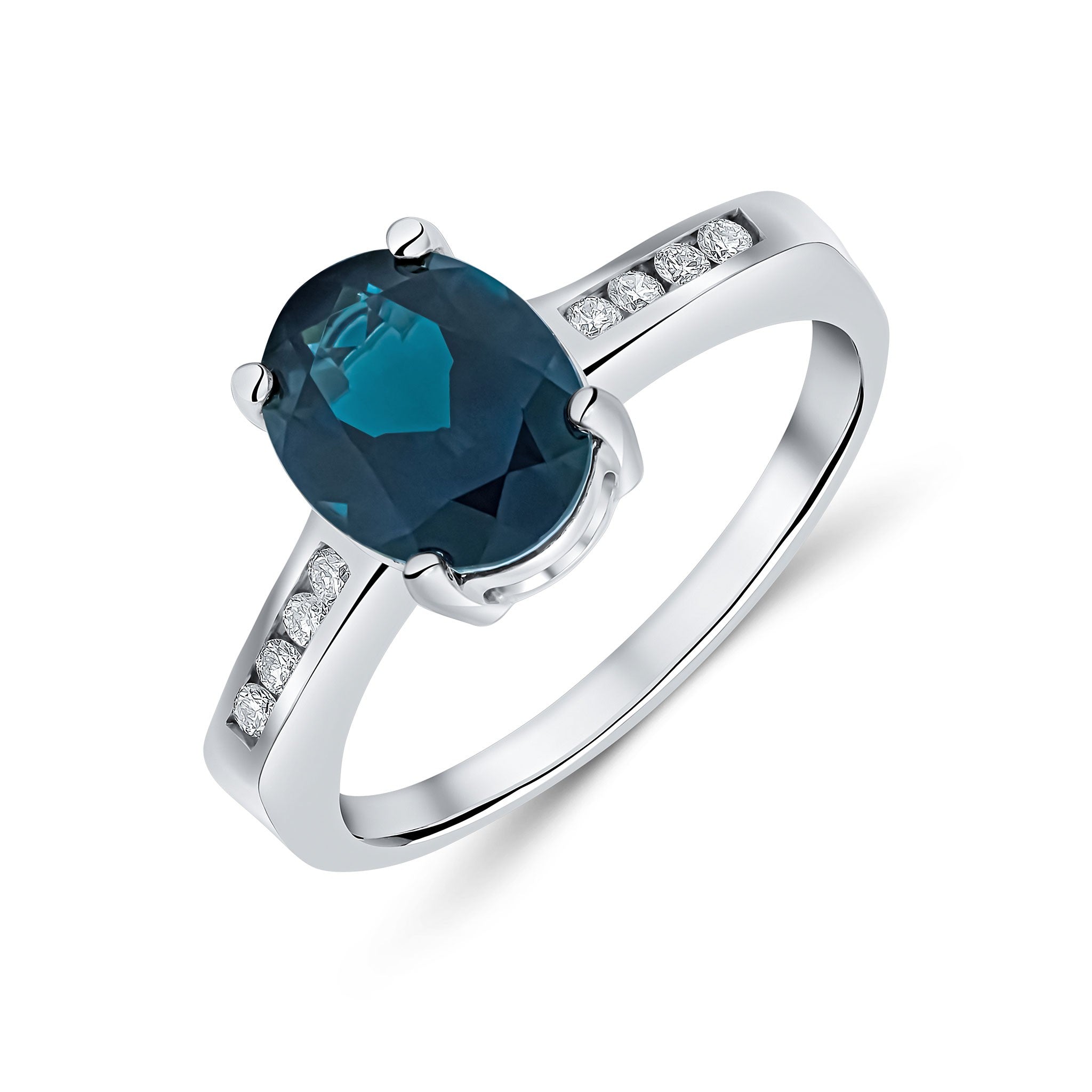 9CT WG 9X7MM CLAW SET OVAL LONDON BLUE TOPAZ SINGLE STONE RING WITH CHANNEL SET DIAMOND SHOULDERS