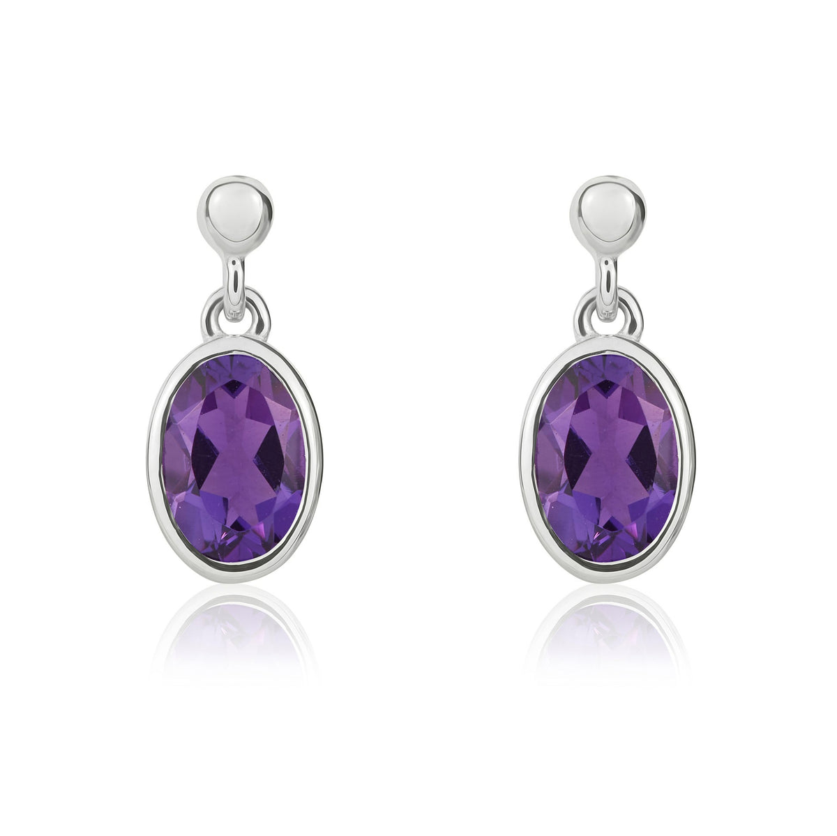 9CT WG 6X4 OVAL AMETHYST RUBOVER DROP EARRINGS WITH 2.5MM BEAD TOP