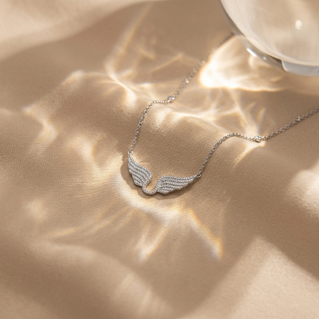 Sterling Silver Wide Angel Wings  Necklace