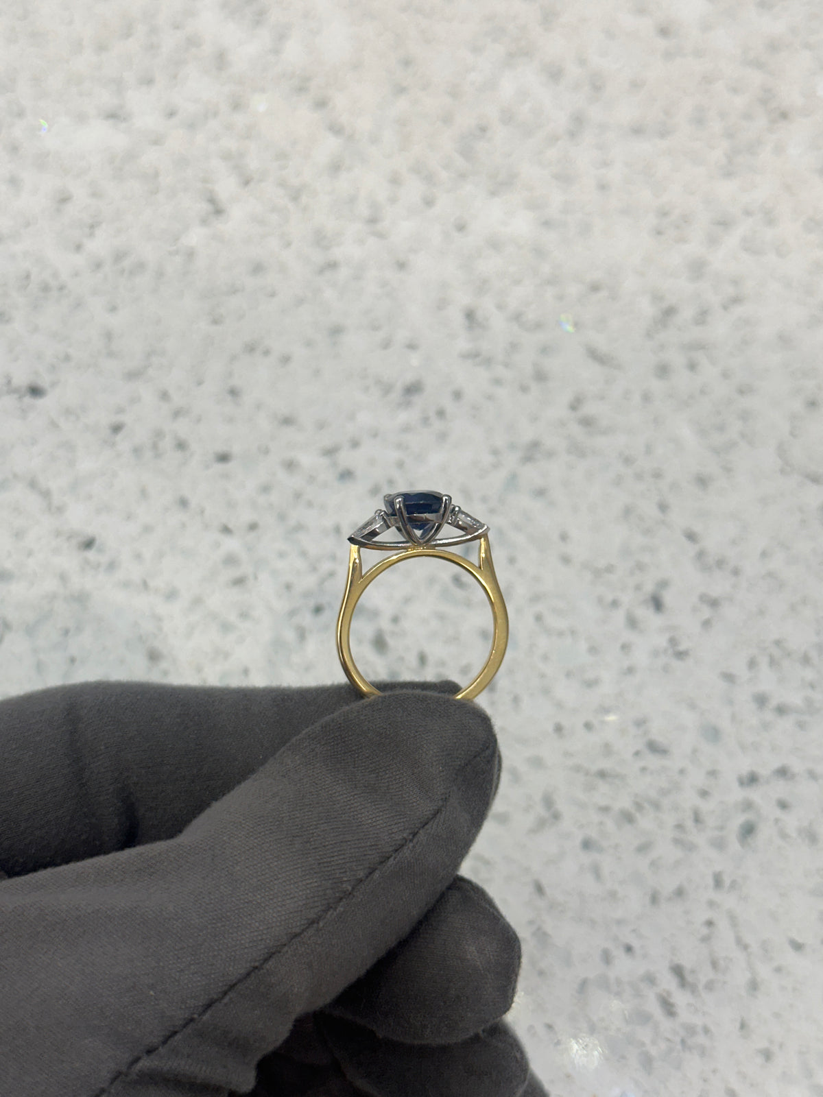 18ct Yellow Gold Platinum head Blue Sapphire & Diamond Trilogy/3 Stone Oval & Pear Ring