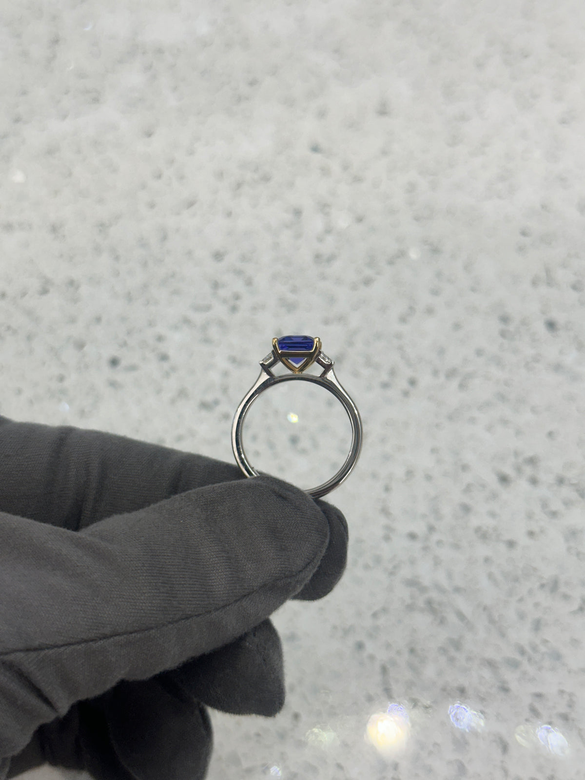 Platinum and 18ct yellow gold rectangular Tanzanite and diamond trapizoid Trilogy/3 Stone Ring