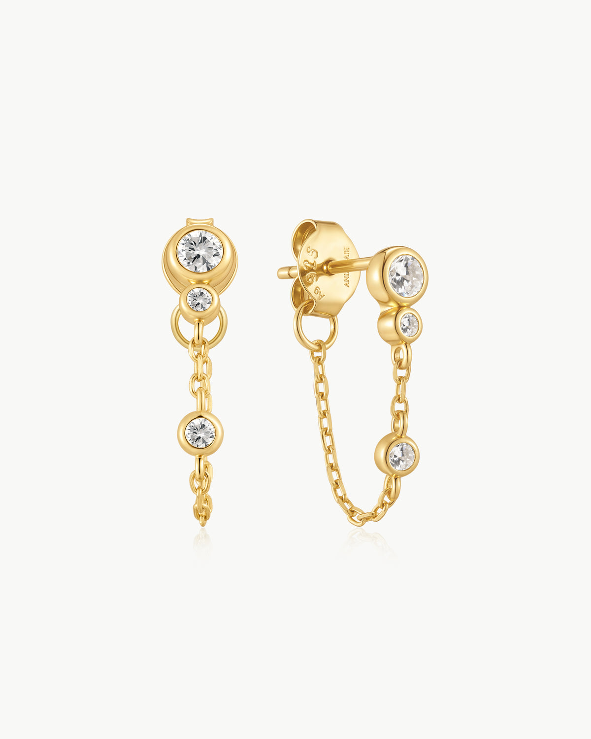 Gold Bezel-Set Drop Chain Stud Earrings