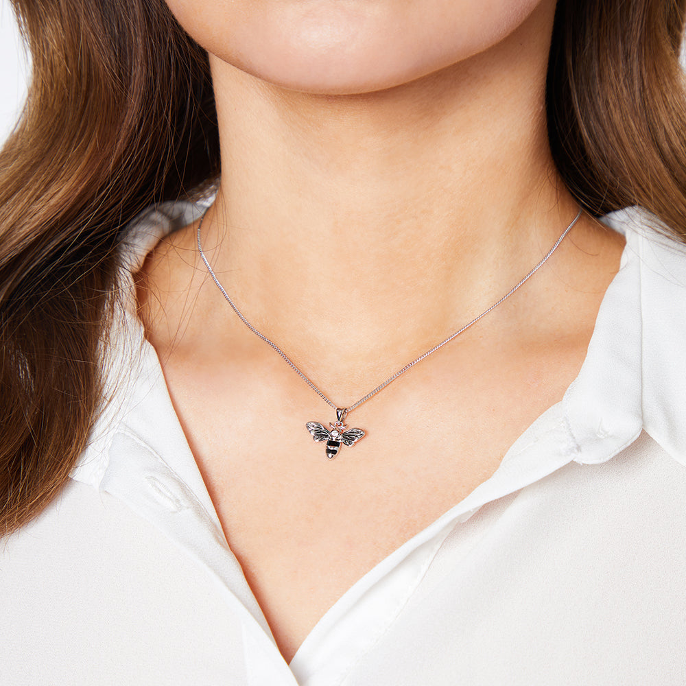 Sterling Silver Black Enamel Striped Bee Necklace