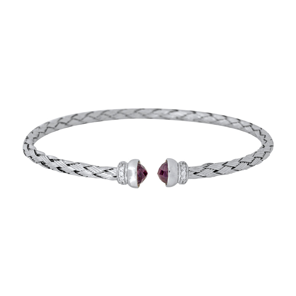 Sterling Silver Rope Weave Effect Bangle With Amethyst And Cubic Zirconia