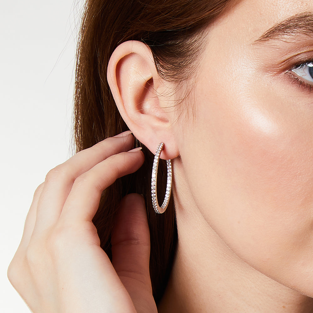 Sterling Silver Medium Hoop Earrings Set With Cubic Zirconia