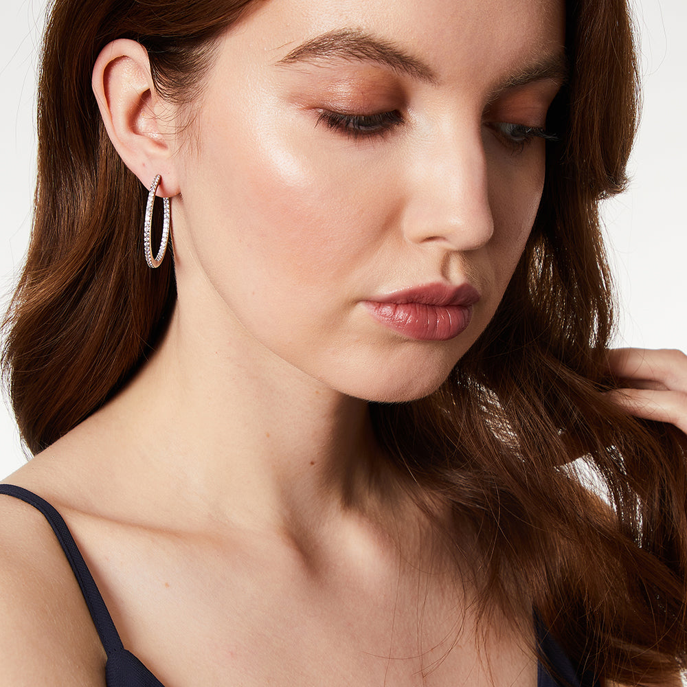 Sterling Silver Medium Hoop Earrings Set With Cubic Zirconia