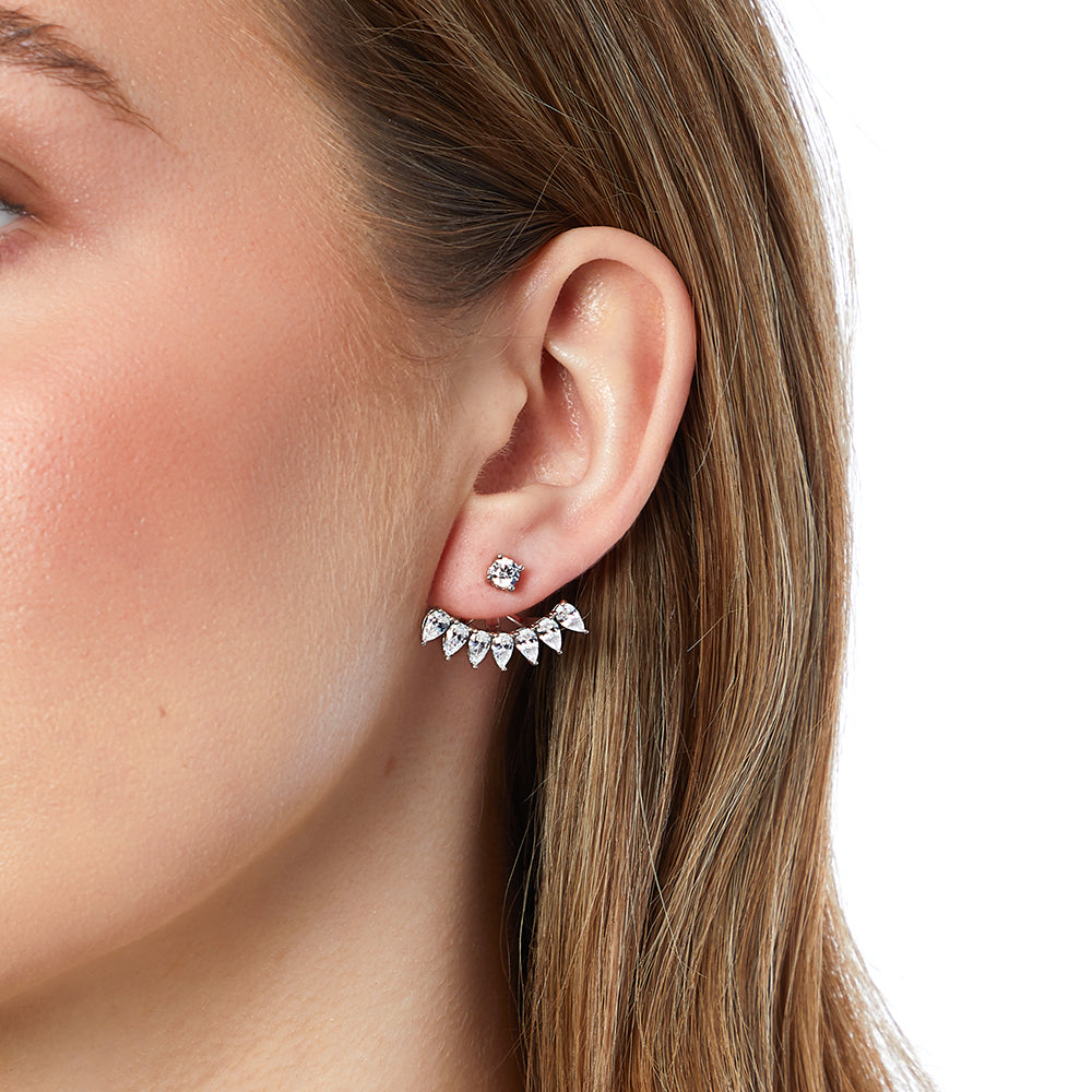 Sterling Silver Cubic Zirconia  Fan Shape Jacket Earrings