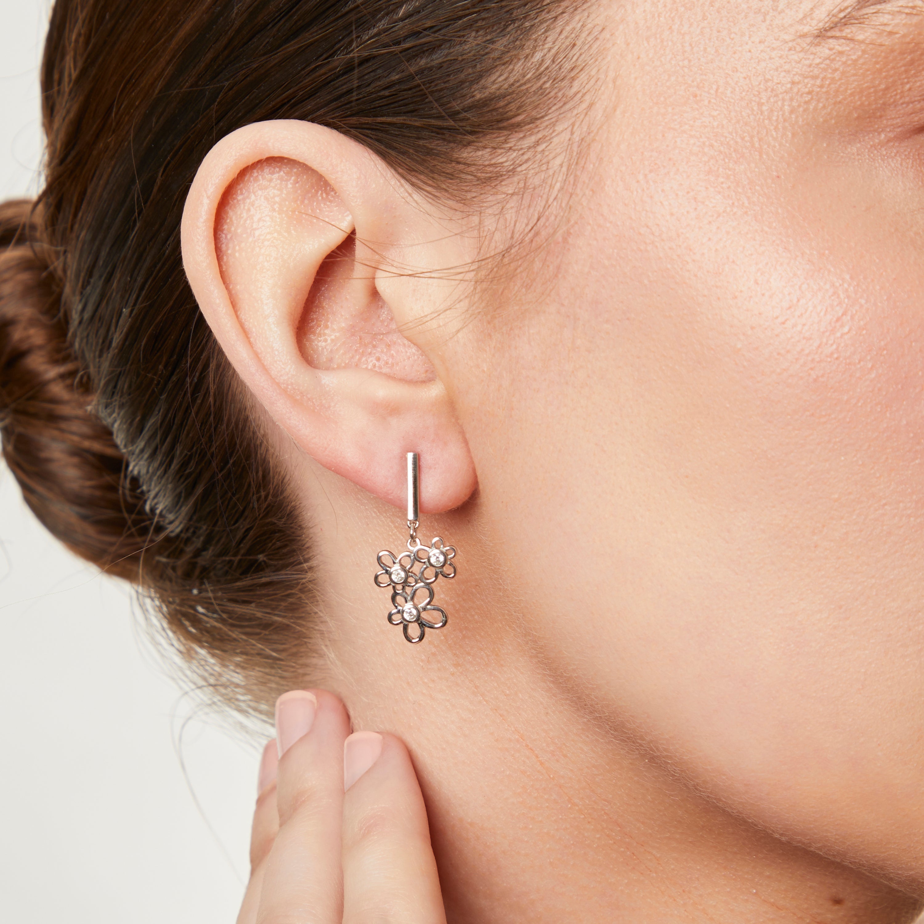 Silver Triple Flower Cubic Zirconia Drop Earrings