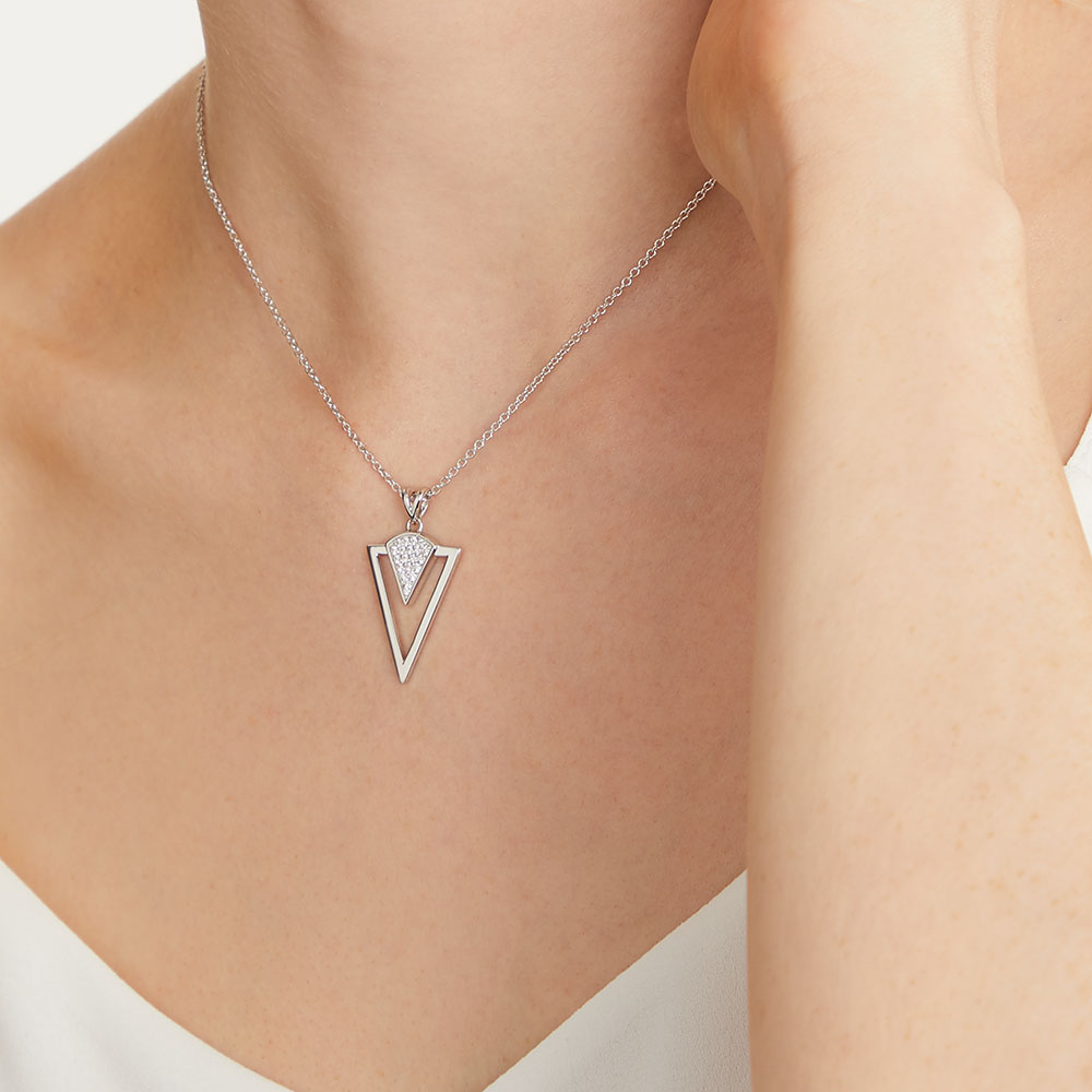 Sterling Silver Necklace - Art Deco Style Featuring A Silver Triangle With Cubic Zirconia Stones