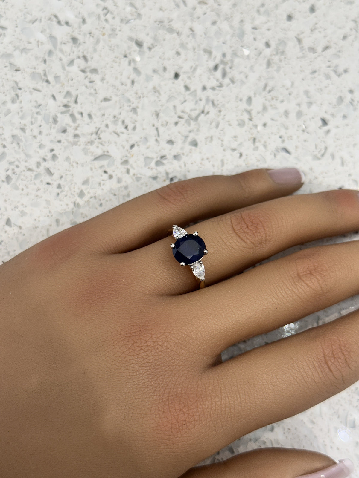 18ct Yellow Gold Platinum head Blue Sapphire & Diamond Trilogy/3 Stone Oval & Pear Ring