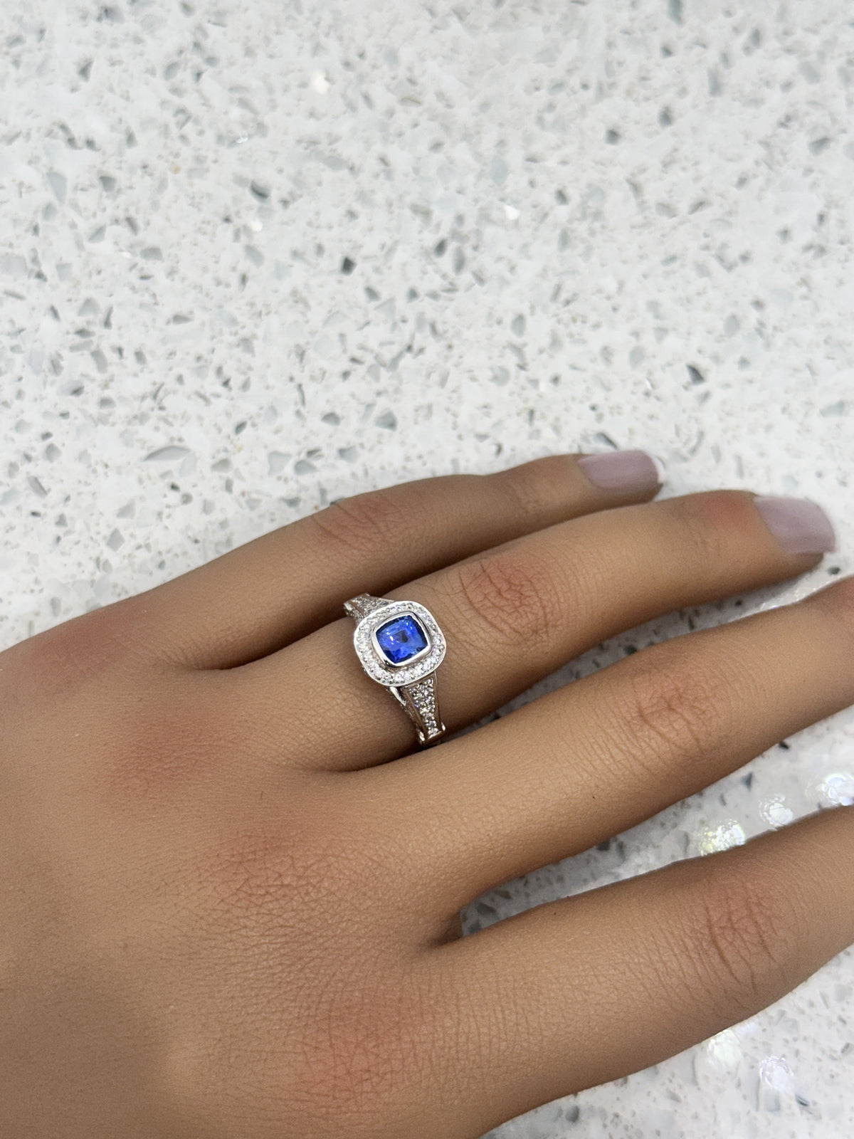 Platinum Blue Cushion Sapphire & Diamond Multi Pave Legend Shank Ring