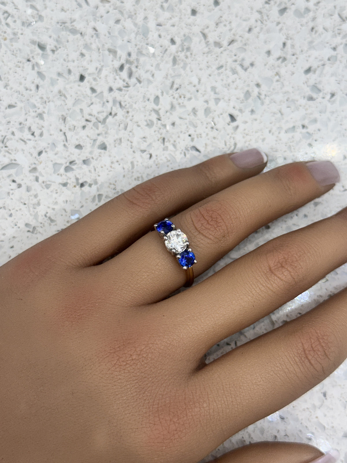 18ct Yellow Gold Platinum head Blue Sapphire & Diamond Trilogy/3 Stone Ring
