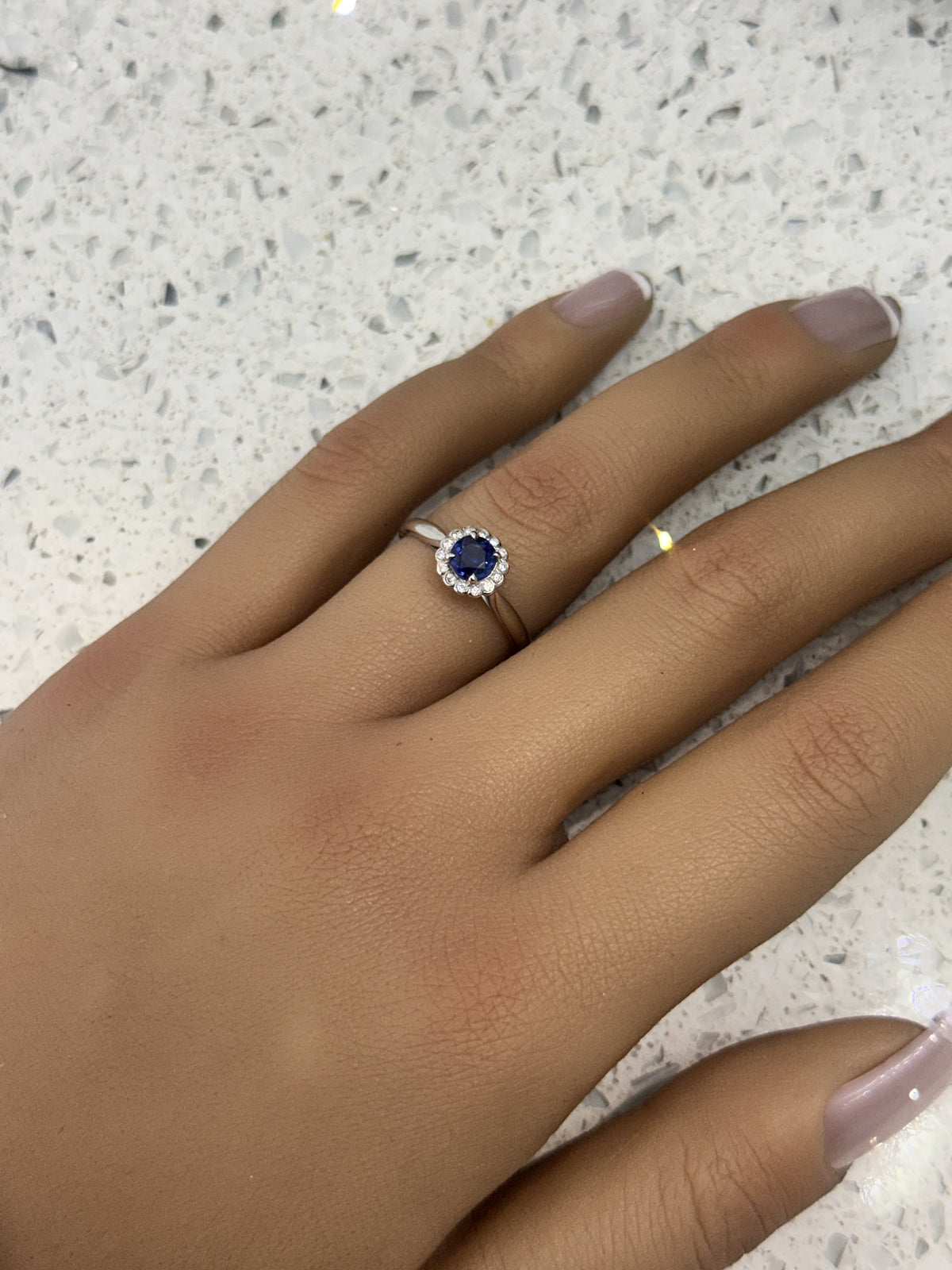 18ct White Gold Blue Sapphire & Diamond Halo Ring