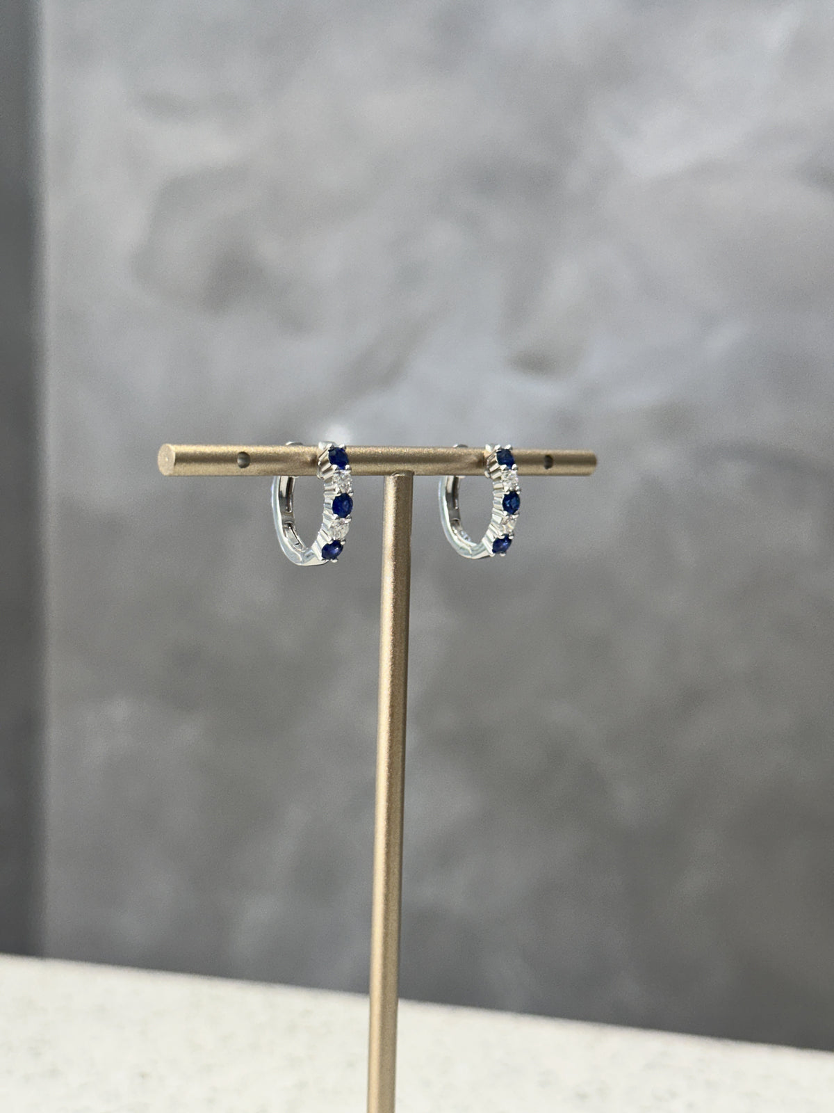 18ct White Gold Blue Sapphire and Diamond Huggie Hoop Earring