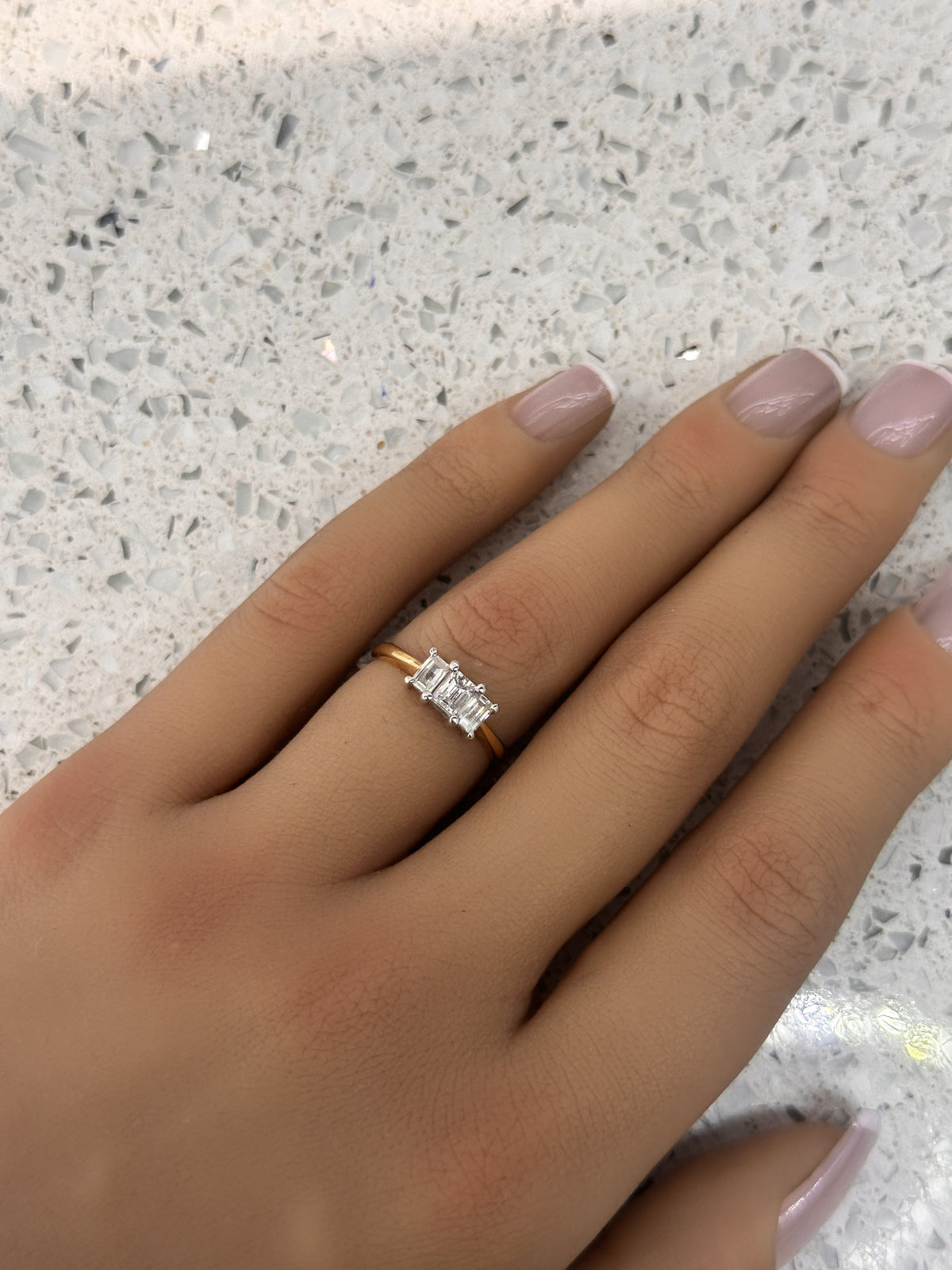 18ct Yellow gold & 18ct White Gold 3 stone Emerald cut Diamond Engagement Ring