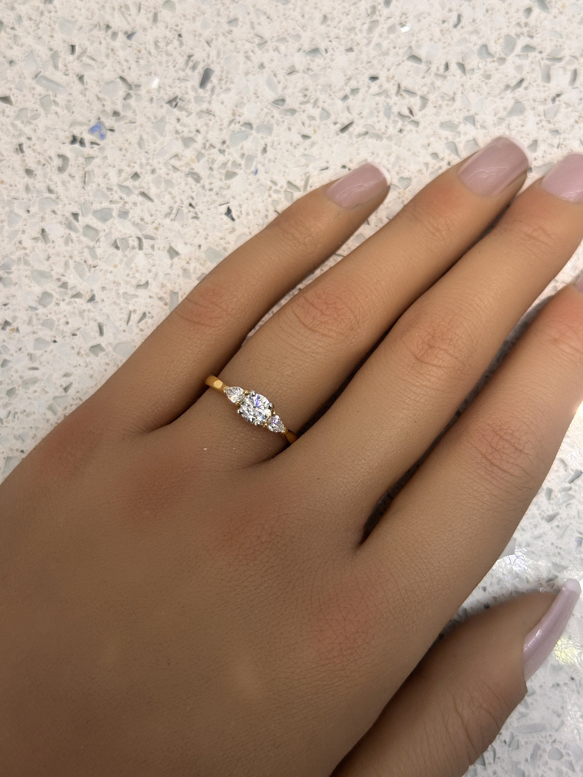 18ct Yellow gold & Platinum 3 stone Round & Pear Diamond Engagement Ring