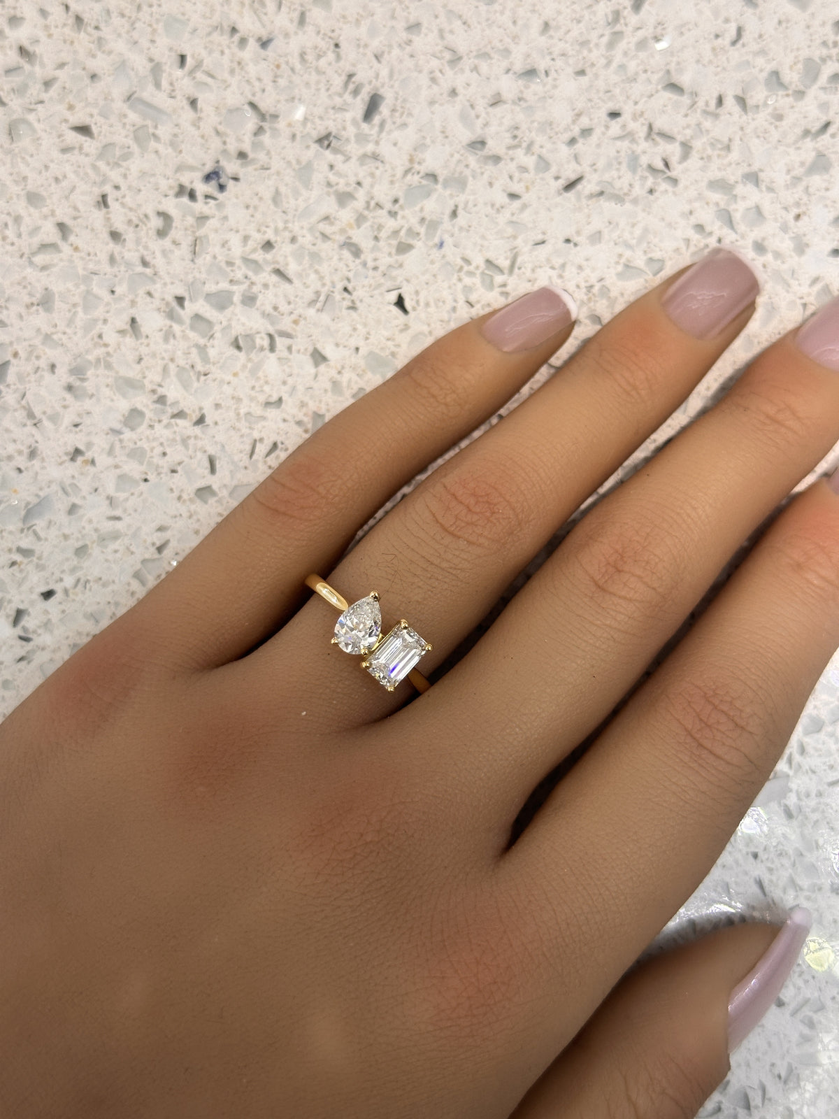18ct Yellow Gold 2 Stone Pear & Emerald Diamond Engagement Ring