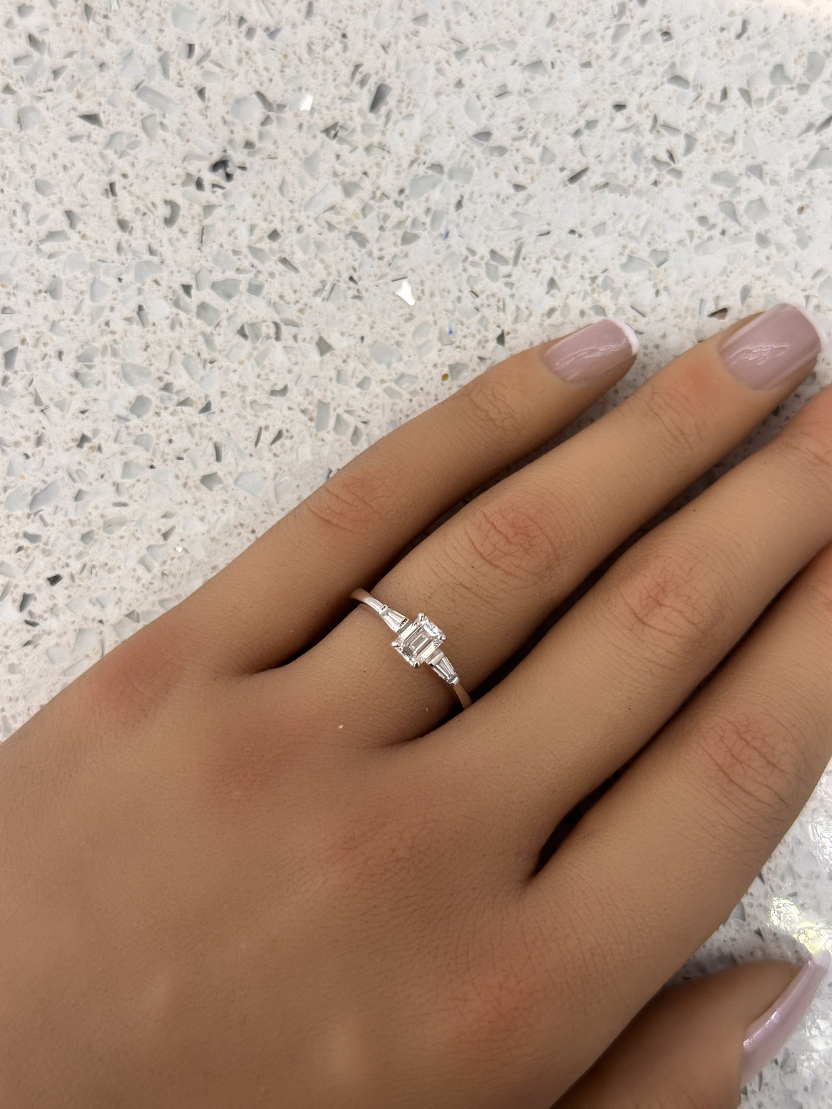 Platinum Emerald & Baguette 3 stone Diamond Engagement Ring