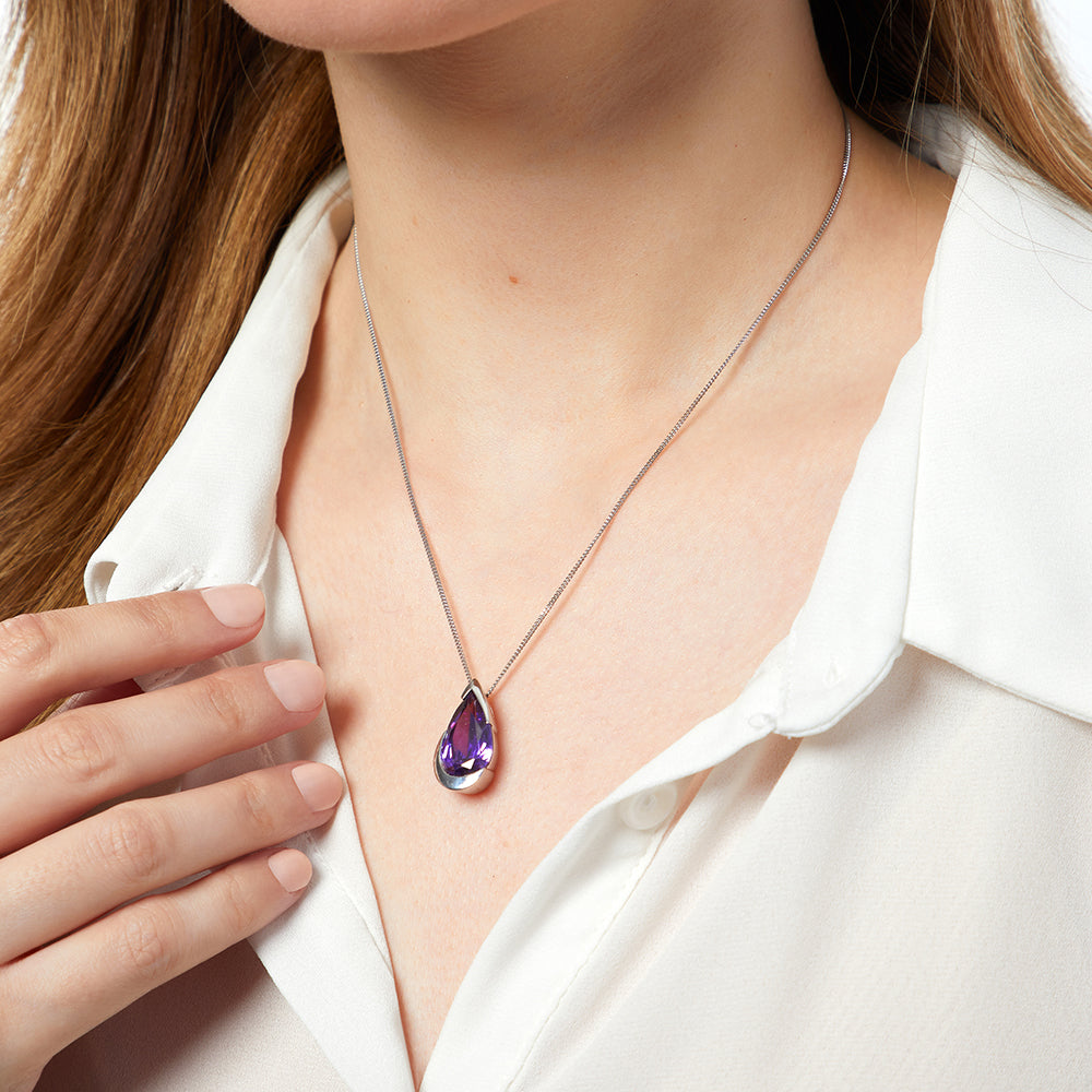 Sterling Silver  Amethyst Pear Shape Cubic Zirconia Pendant