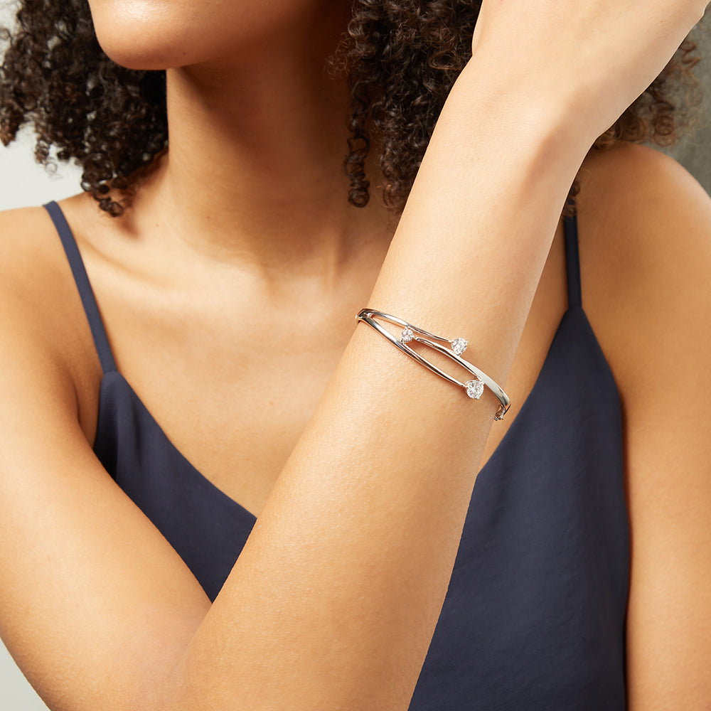 Sterling Silver Three Graduated Bangle With Cubic Zirconia Stones
