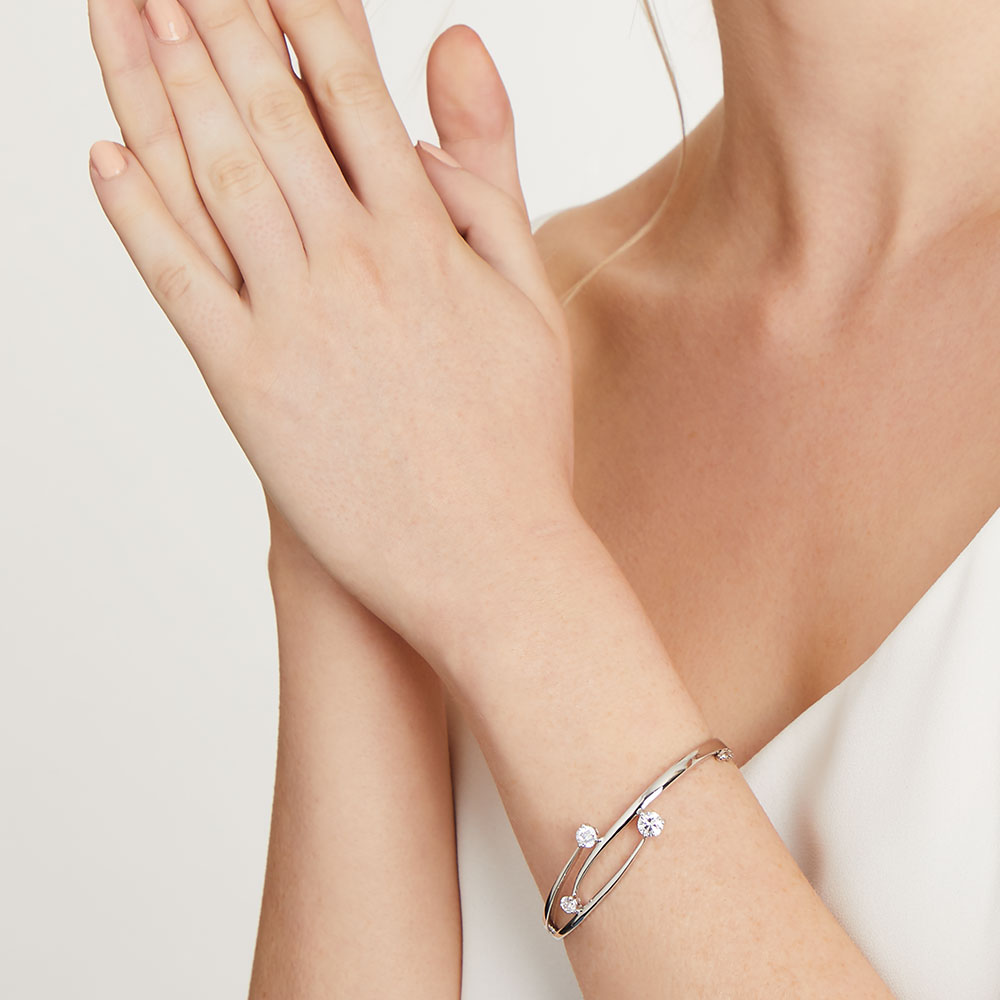 Sterling Silver Three Graduated Bangle With Cubic Zirconia Stones