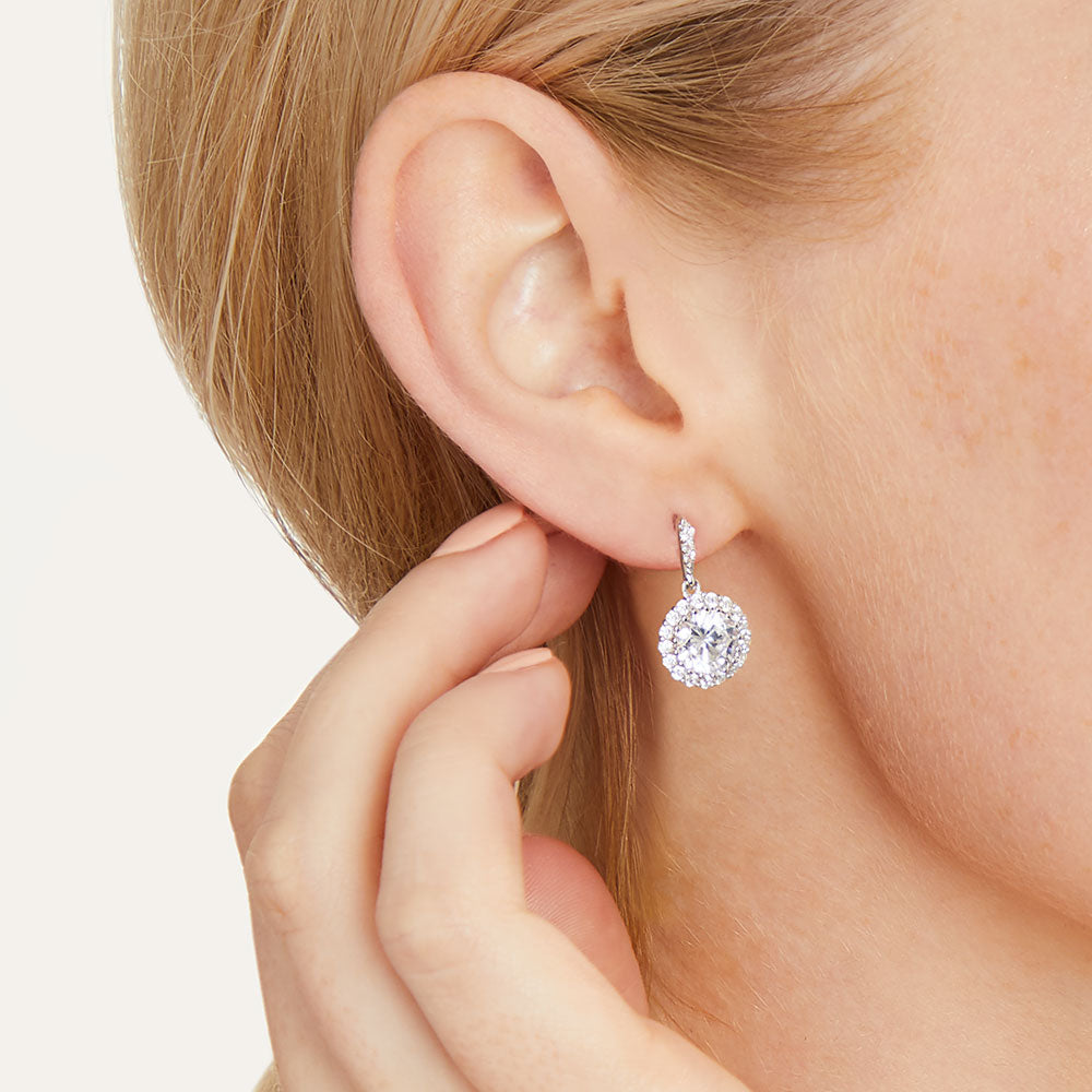 Sterling Silver Round Halo Drop Cubic Zirconia Stud Earrings