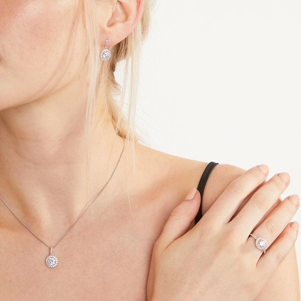 Sterling Silver Round Halo Drop Cubic Zirconia Stud Earrings