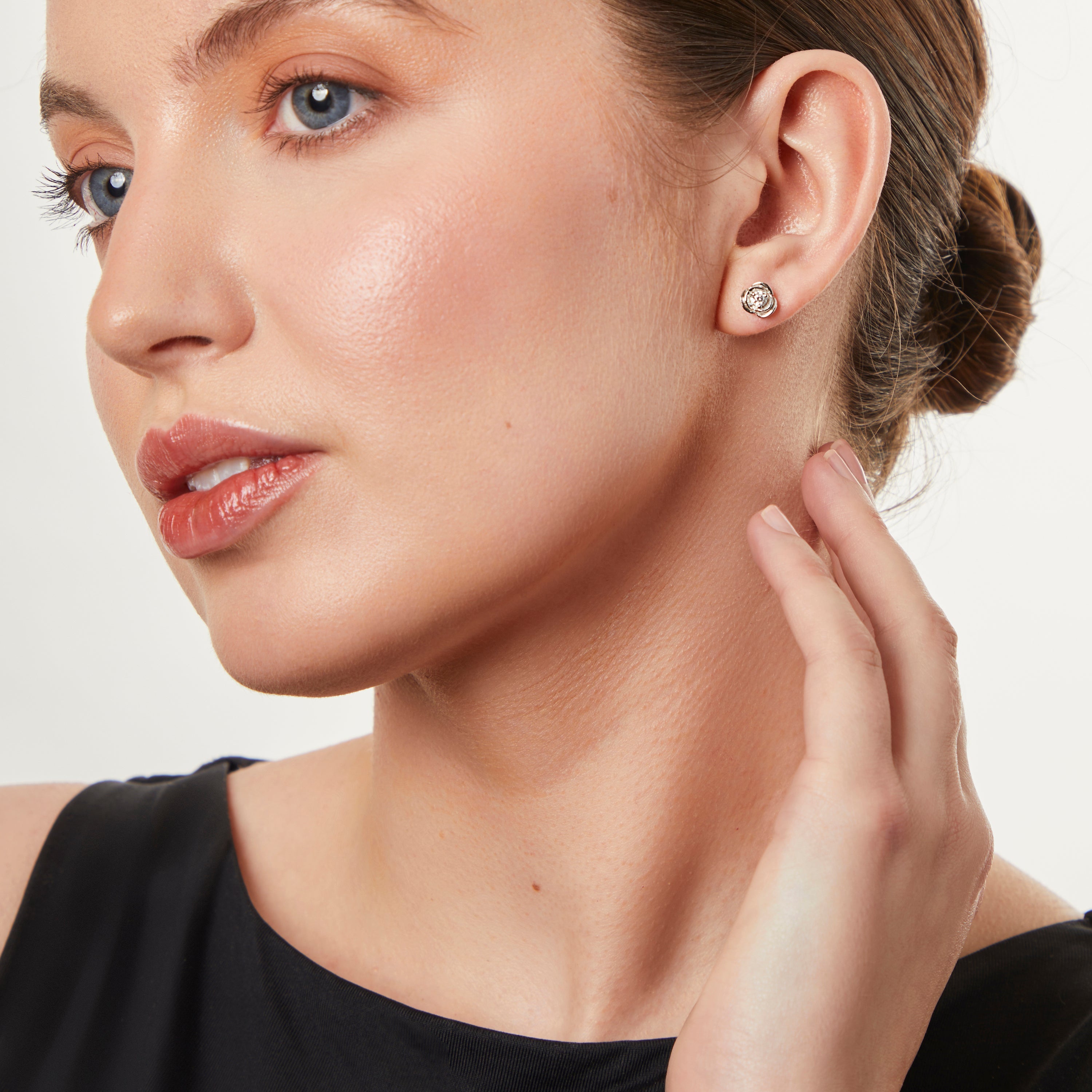 Sterling Silver Cubic Zirconia Rose Bud Stud Earrings | Textured Floral Silver Studs