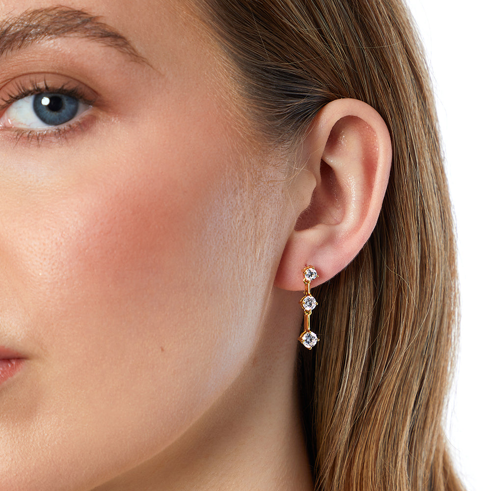 Yellow Gold Three Stone Cubic Zirconia Drop Earrings