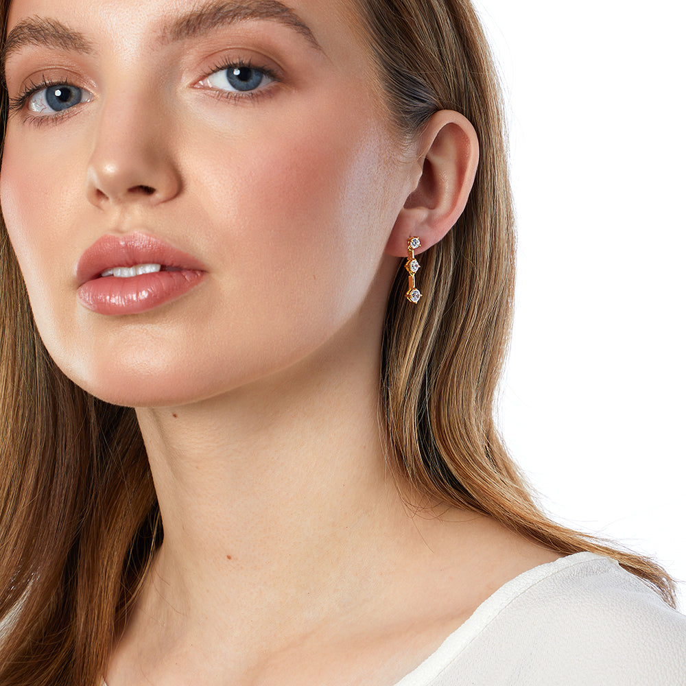 Yellow Gold Three Stone Cubic Zirconia Drop Earrings