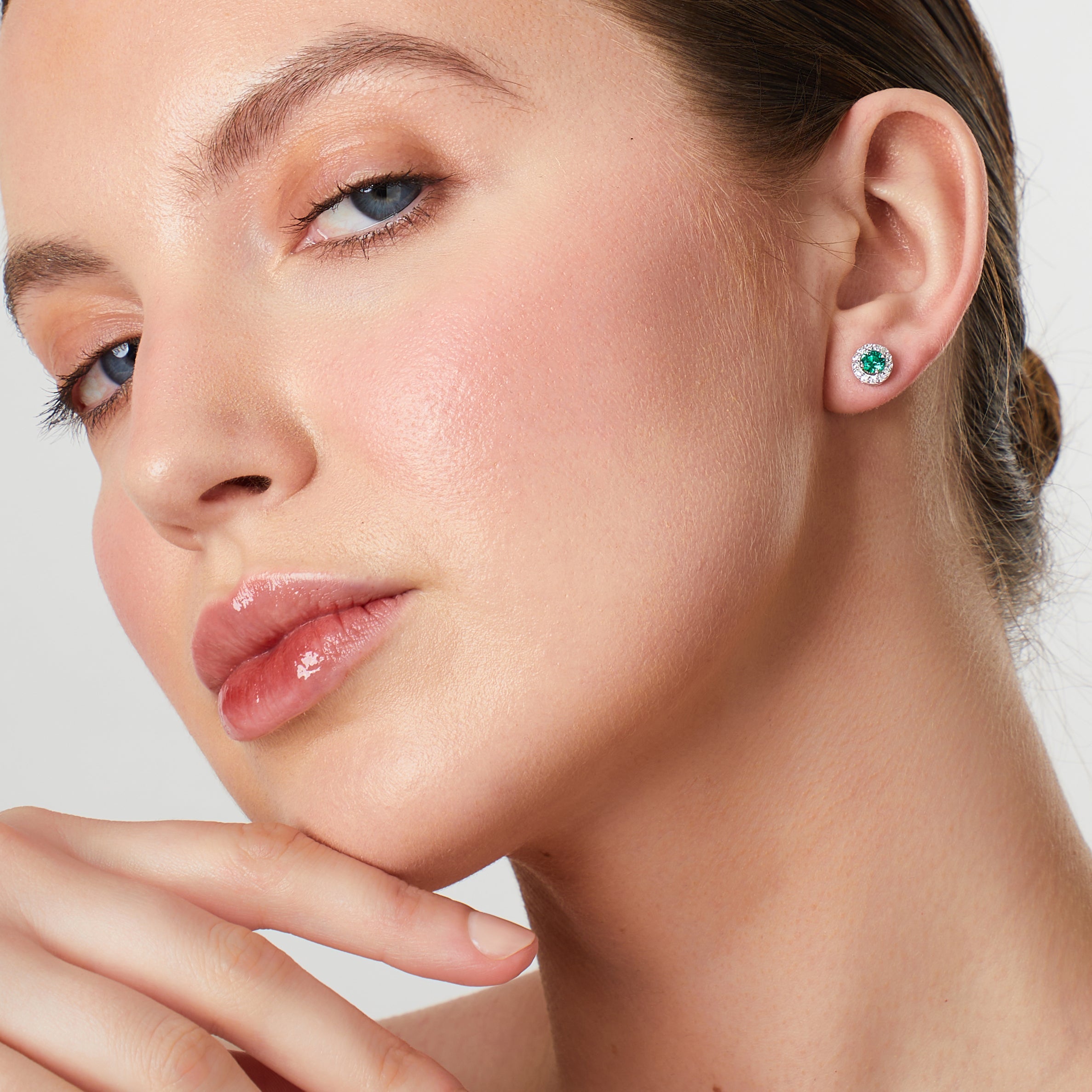 Sterling Silver Emerald Green  Halo Stud  Earrings
