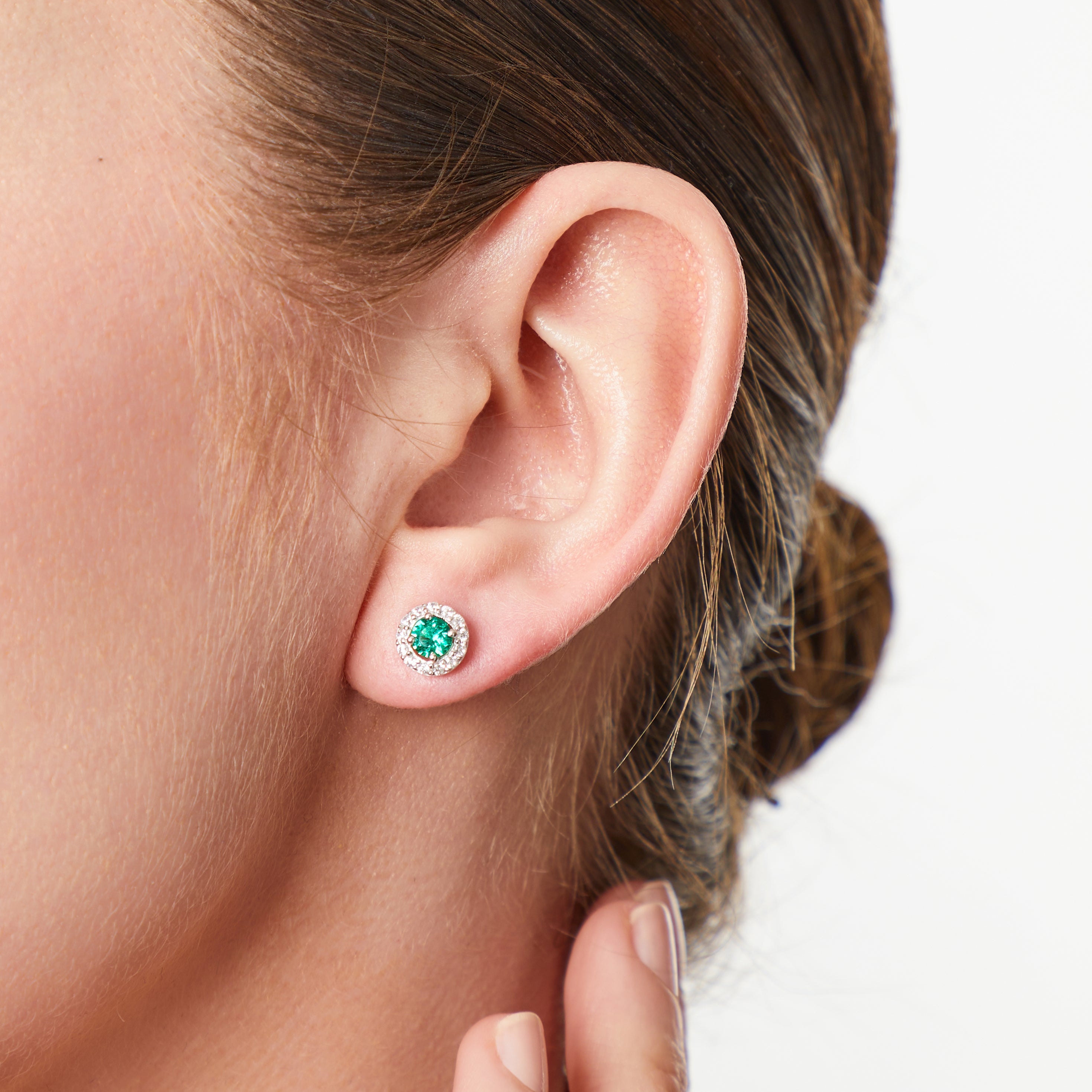 Sterling Silver Emerald Green  Halo Stud  Earrings
