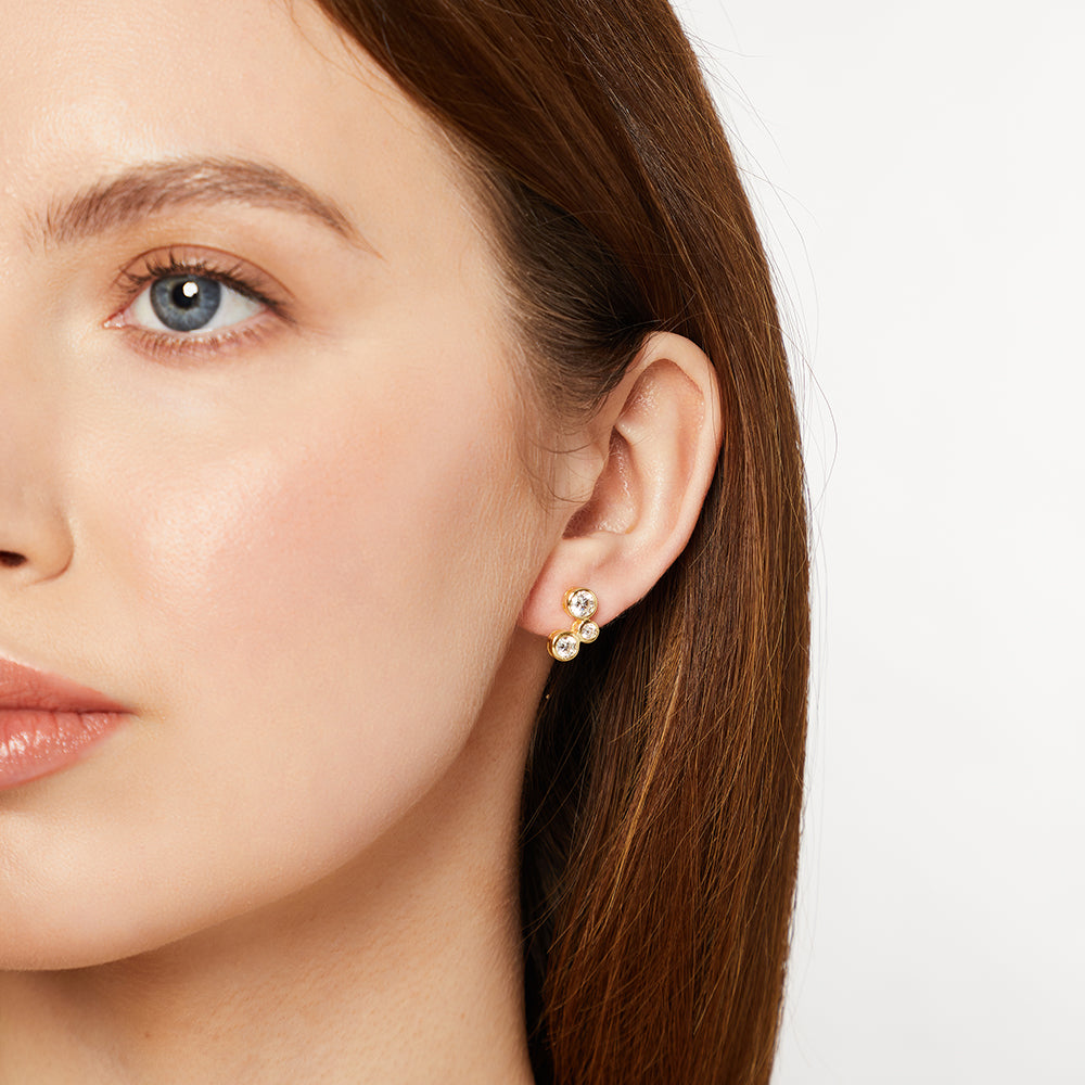 18ct Gold Vermeil Bubble 3-Stone Stud Earrings – Graduated Trio CZ Climbers