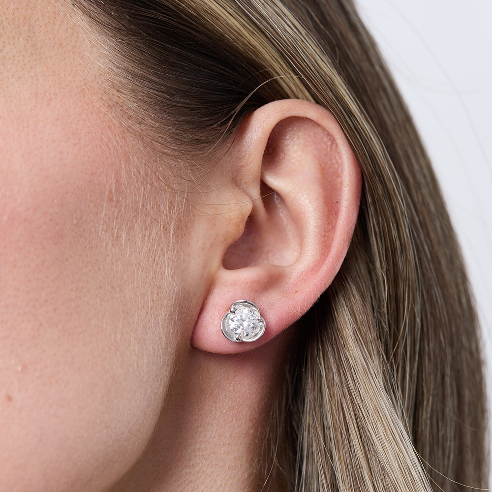 Sterling Silver Stud 3 Petal Cubic Zirconia Stud Earrings
