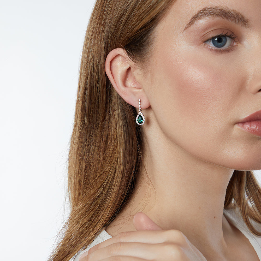 Sterling Silver Emerald Green Cubic Zirconia  Drop Halo  Earrings