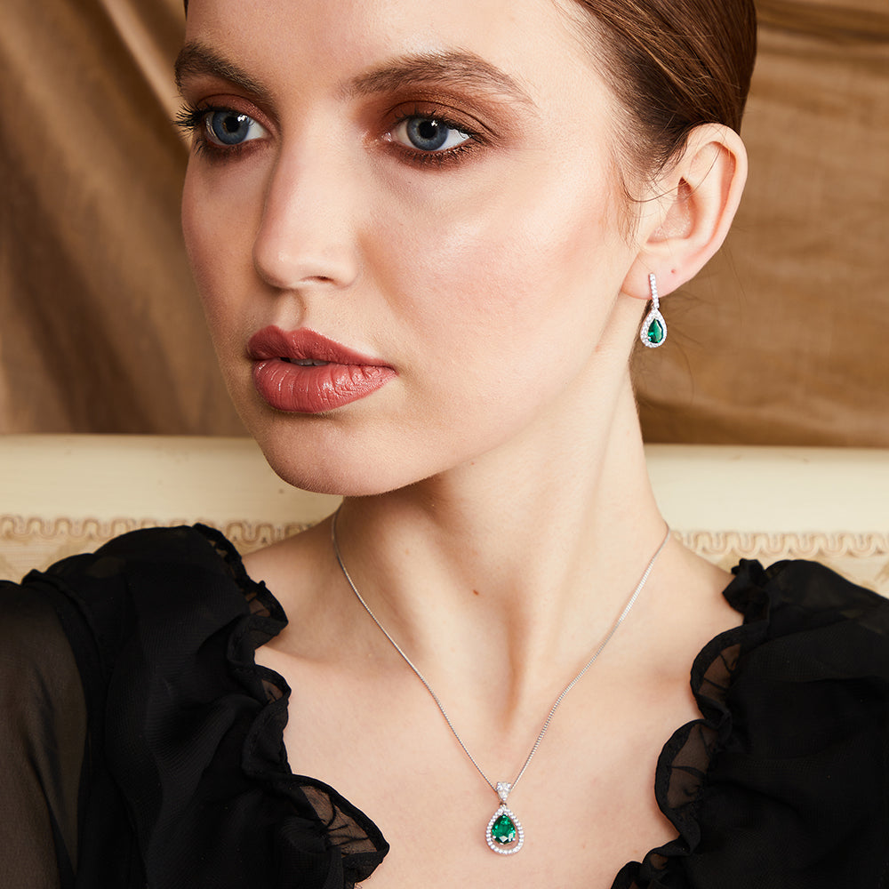 Sterling Silver Halo Emerald Zirconia Pendant-Teardrop CZ