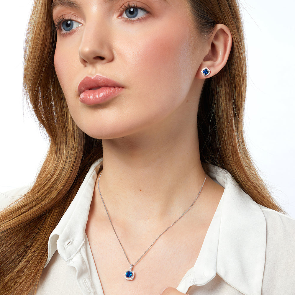 Sterling Silver Halo Sapphire Blue Cubic Zirconia Earrings