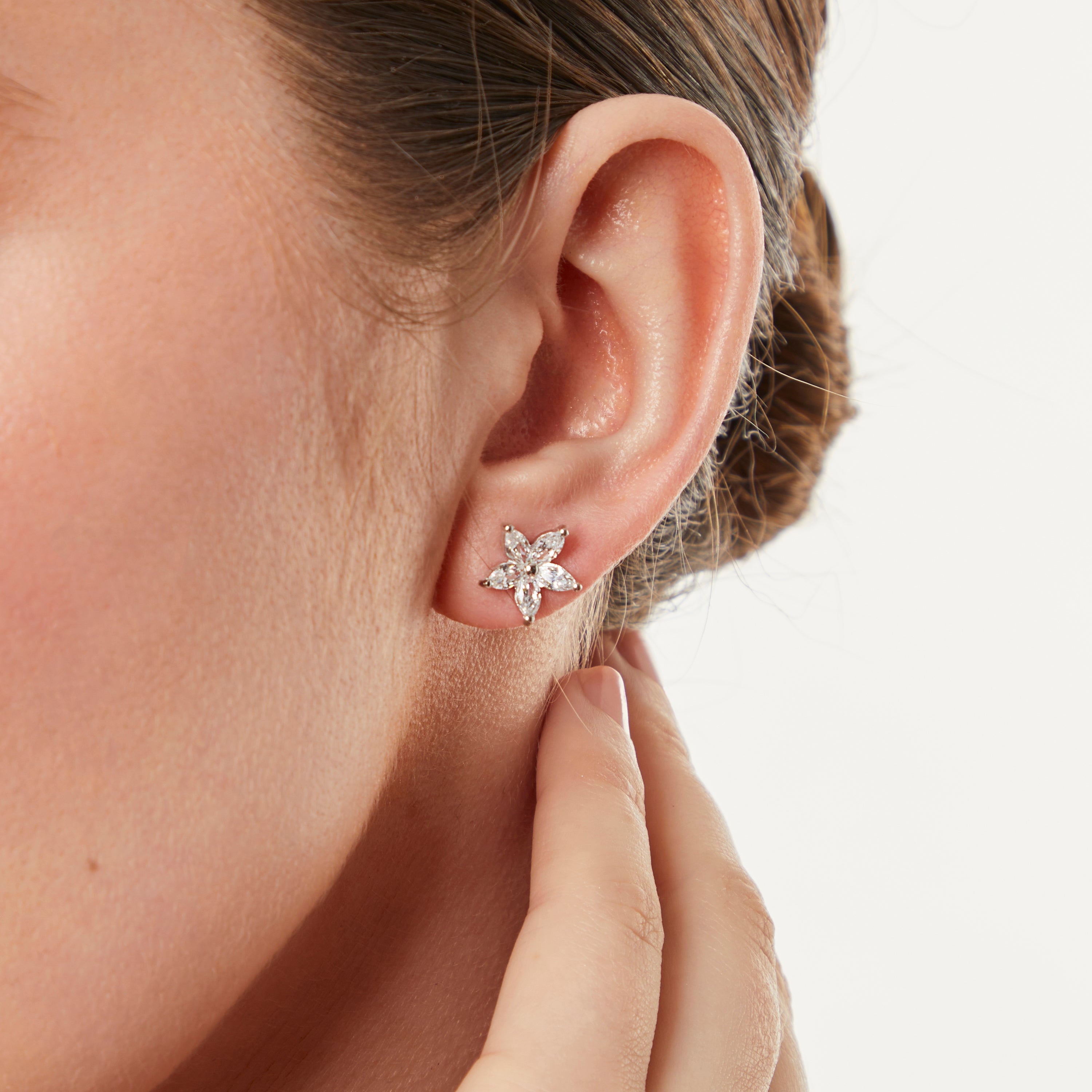 Sterling Silver Marquise Flower Stud Earrings
