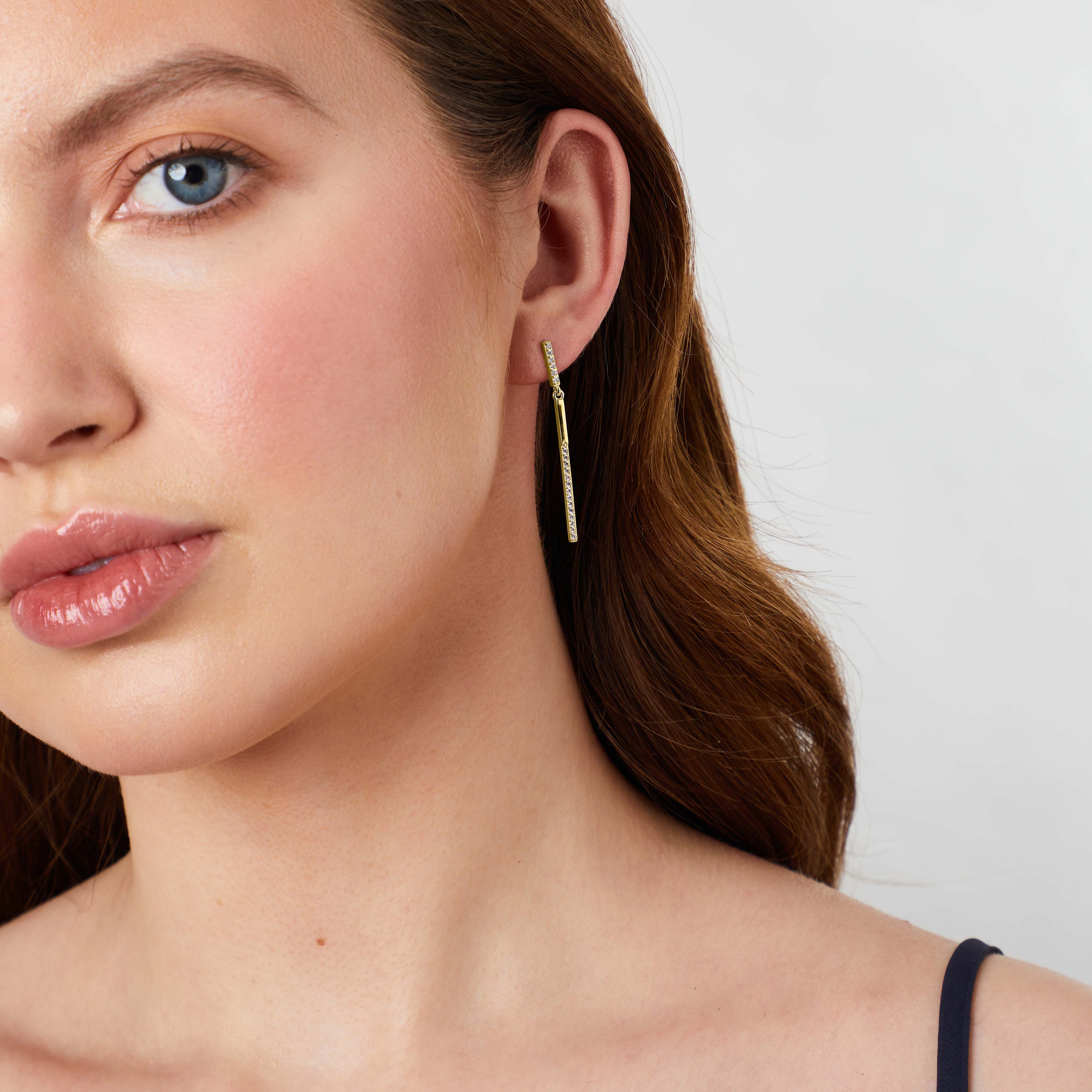 Gold Vermeil Thin Bar Drop Earrings  With Cubic Zirconia