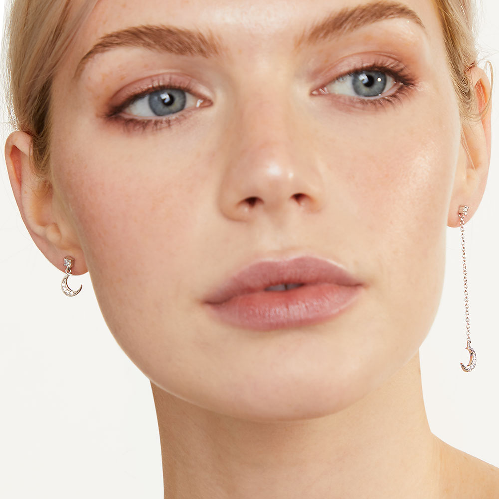 Sterling Silver Half Moon Stud And Long Chain Earrings