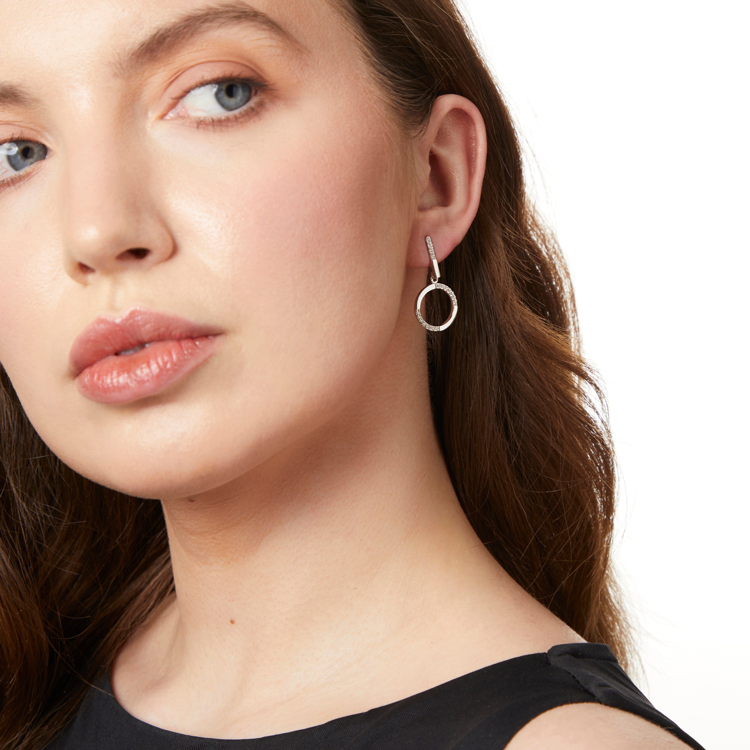 Sterling Silver Half Cubic Zirconia Circle Drop Earrings
