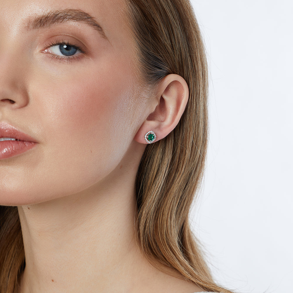 Sterling Silver Small Green Halo Earrings