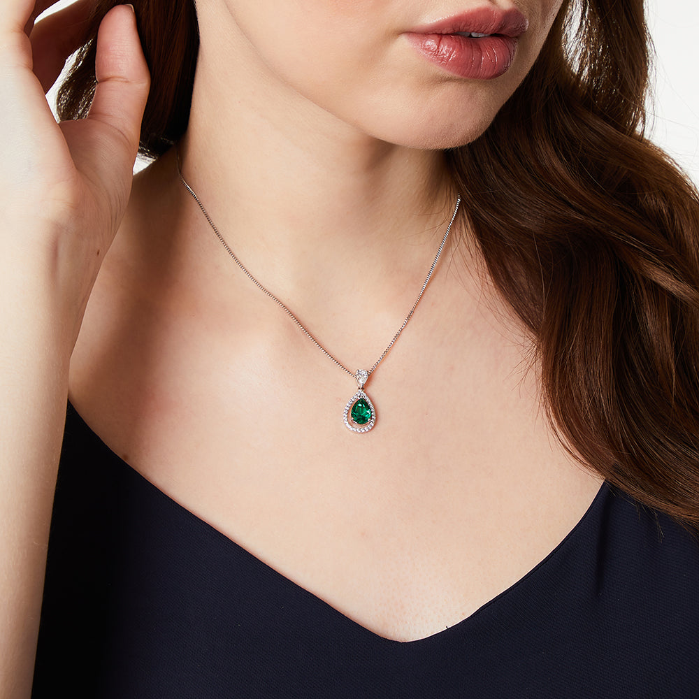 Sterling Silver Halo Emerald Zirconia Pendant-Teardrop CZ