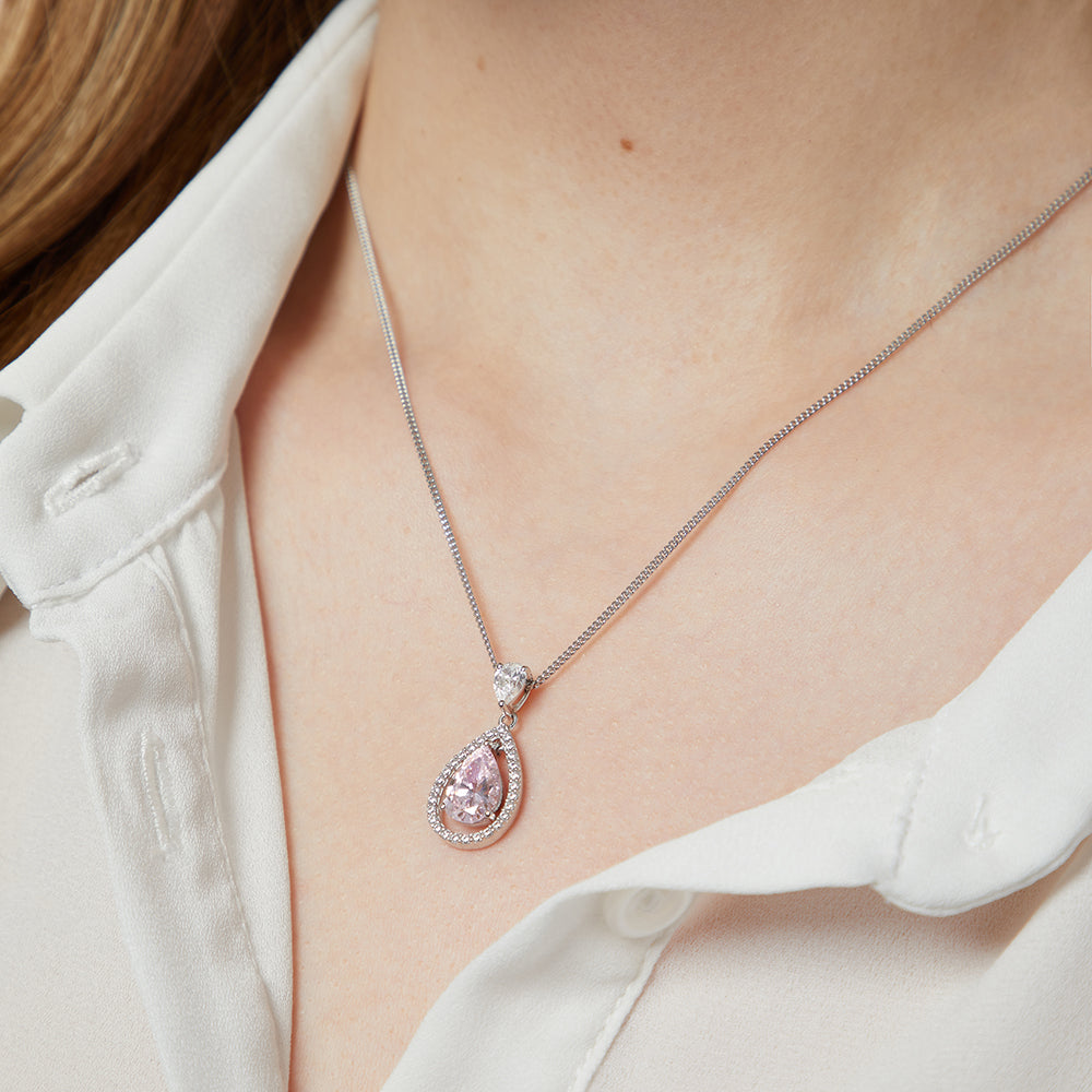 Sterling Silver Light Pink  Halo Teardrop Pendan