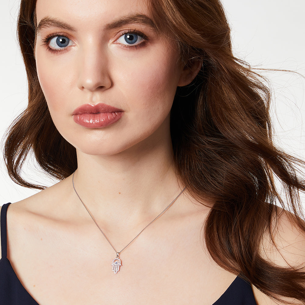 Sterling Silver Hamsa Hand Pendant Necklace | Premium Cubic Zirconia & Blue Sapphire CZ