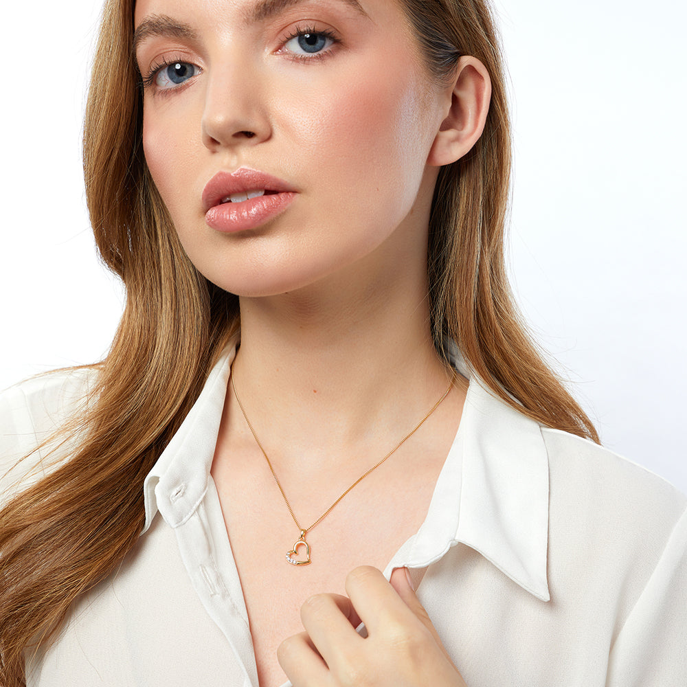 Yellow Gold Offset  Heart Pendant With Cubic Zirconia Stones